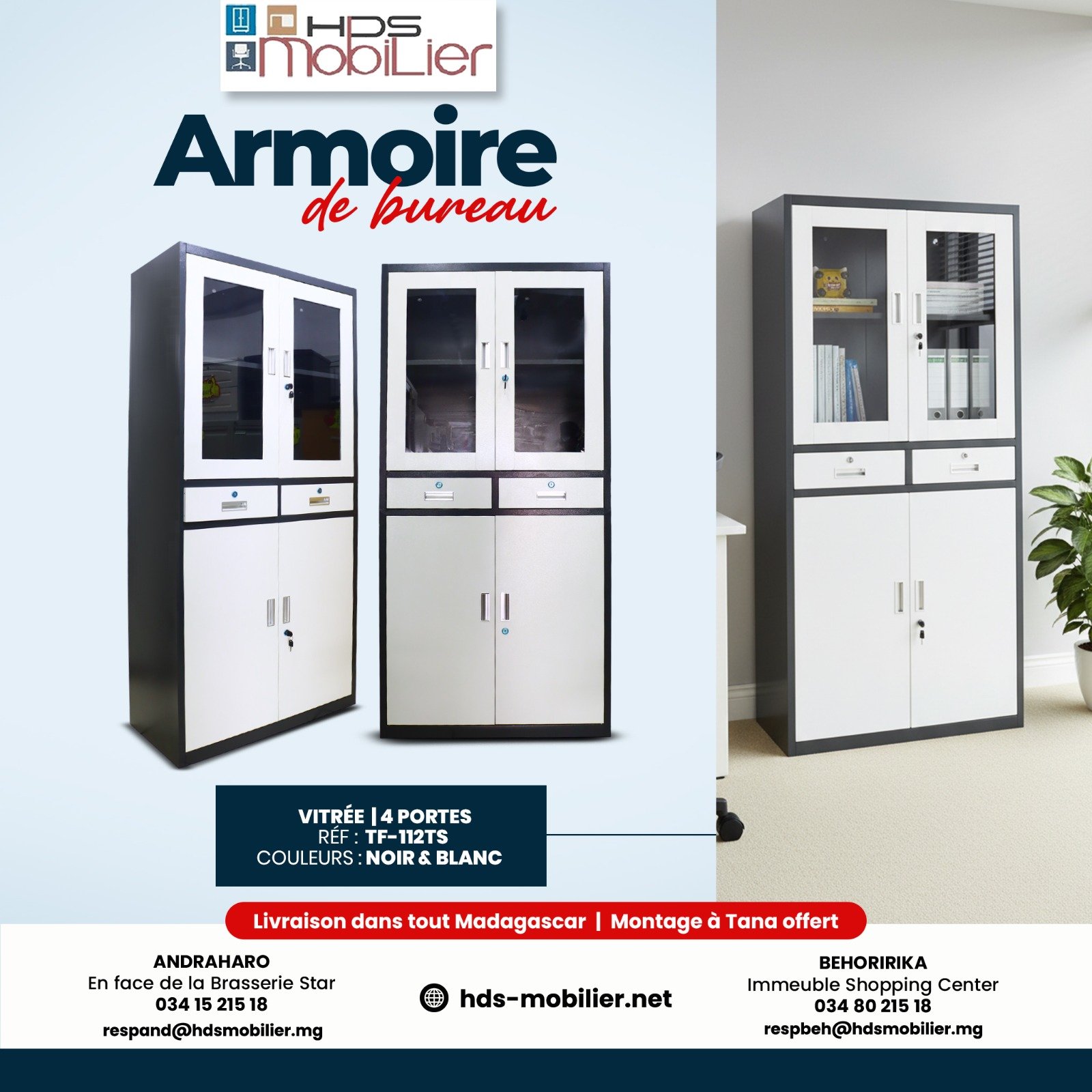 Armoire de Bureau Vitrée 4 Portes avec Tiroirs – Réf. TF-112TS